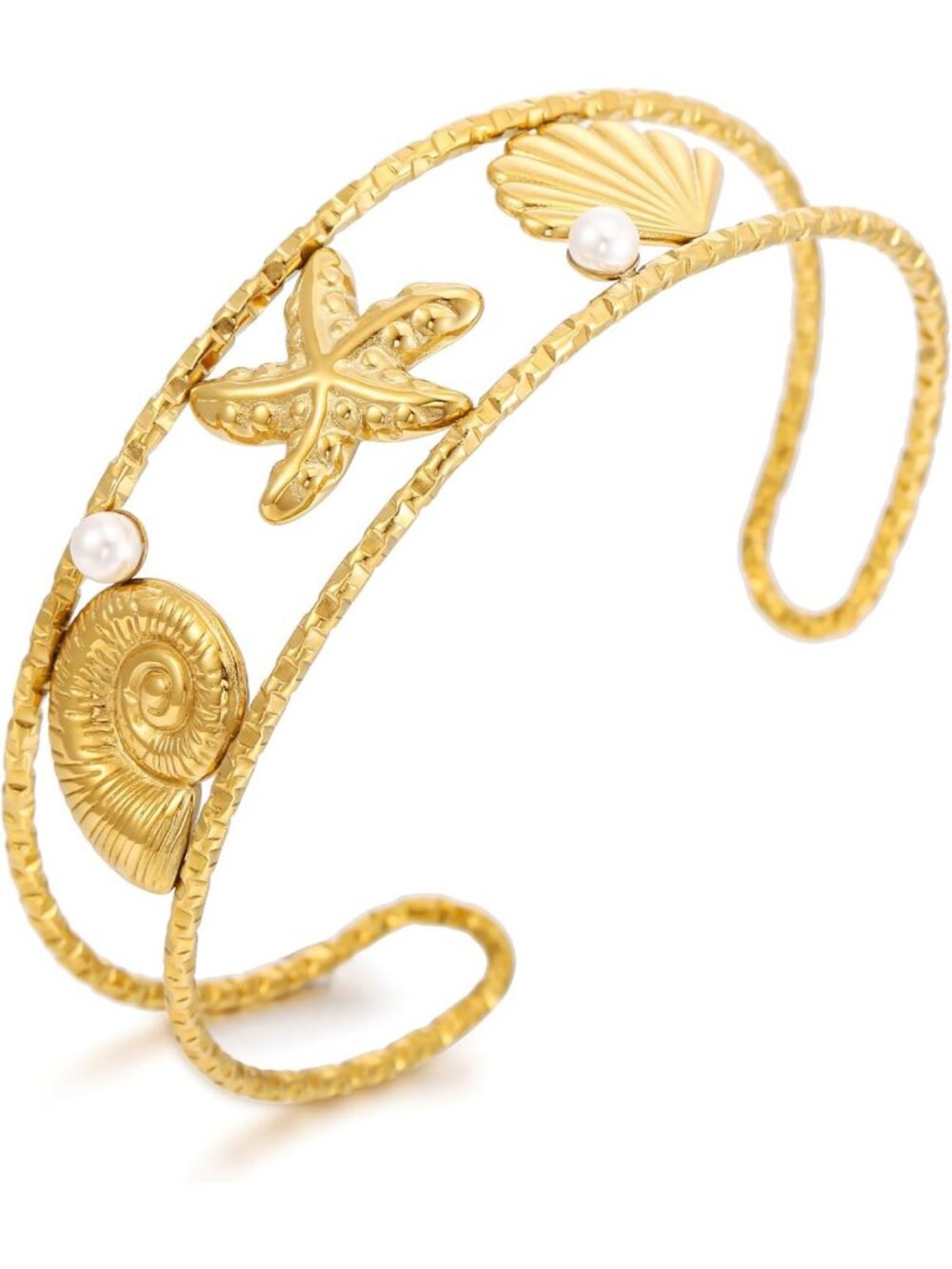 Ocean-Inspired Gold Starfish Seashell Cuff Bangle Bracelet for Women - Summer